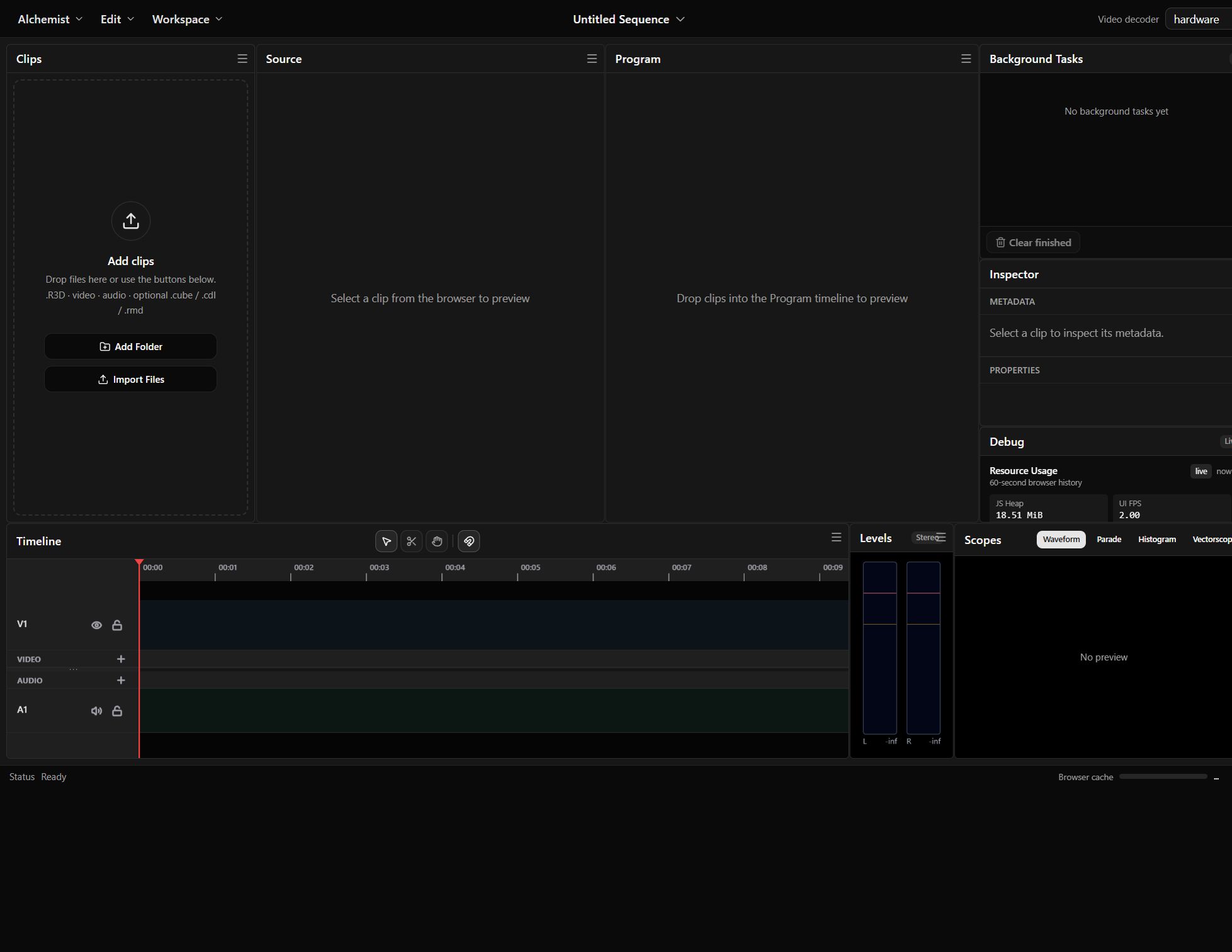 Alchemist web editor workspace with source and program monitors, clips bin, timeline, and scopes